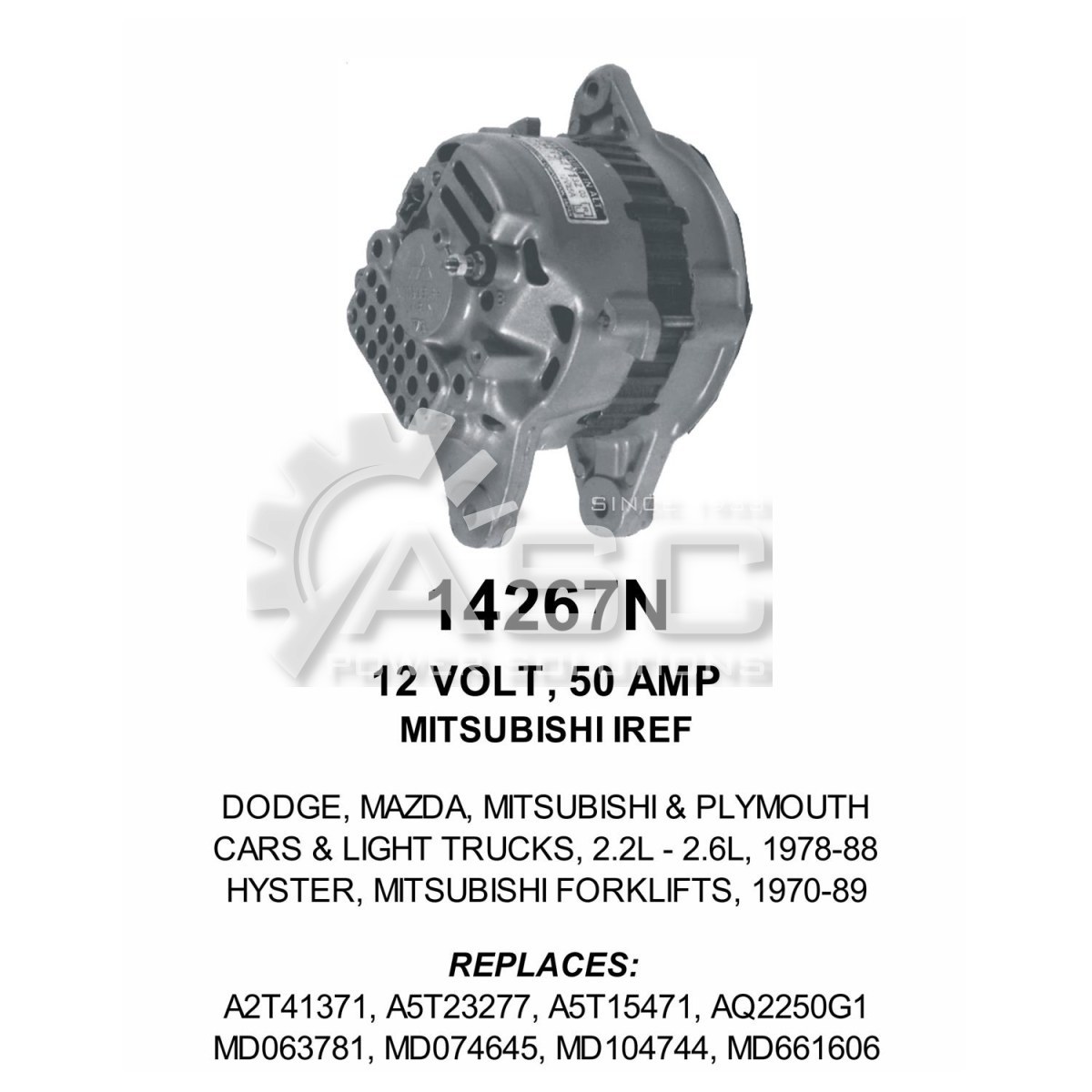 A481018_ASC, Alternator, 12V, 50 Amp, IR, EF, CW, V1, 73MM, Mitsubishi, Reman